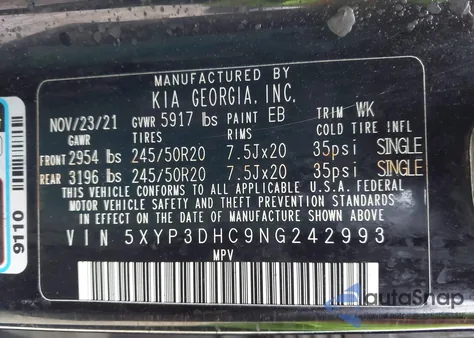 2022 Kia Telluride Ex z USA, uszkodzony, nr VIN 5XYP3DHC9NG242993